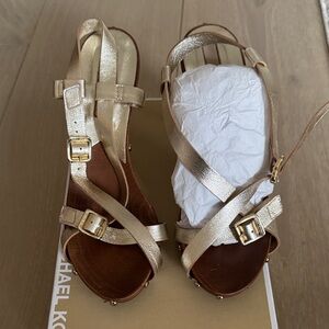 Michael Kors Collection Gold Leather Strappy Buckle Sandals